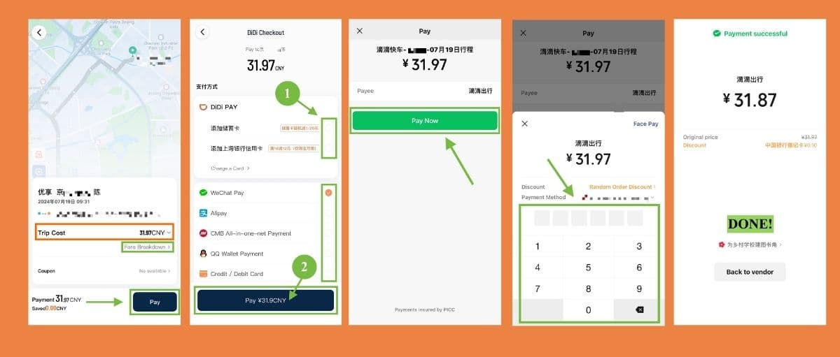 Official DiDi payment sequence showing trip cost, payment methods, payment confirmation, password entry, and payment successful state.
