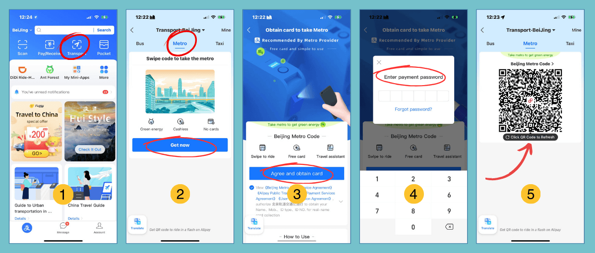 Official Beijing guide showing the Alipay Transport entry, Metro selection, agreement, payment-password step, and active Beijing Metro QR code.