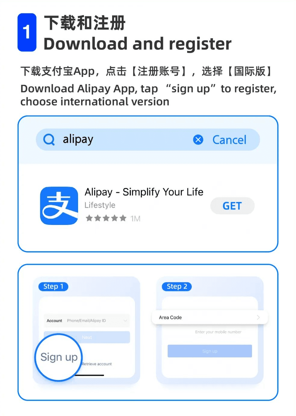 Official bilingual Alipay guide showing the app-store listing, sign-up button, country-code selector, and mobile-number registration flow.